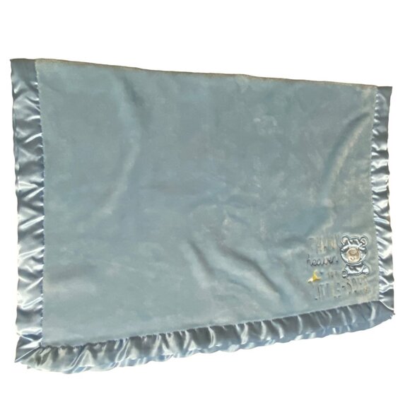 Baby Essentials Satin Trim Boy Blanket Throw Teddy Bear Embroidered Thank Heaven - Picture 3 of 6